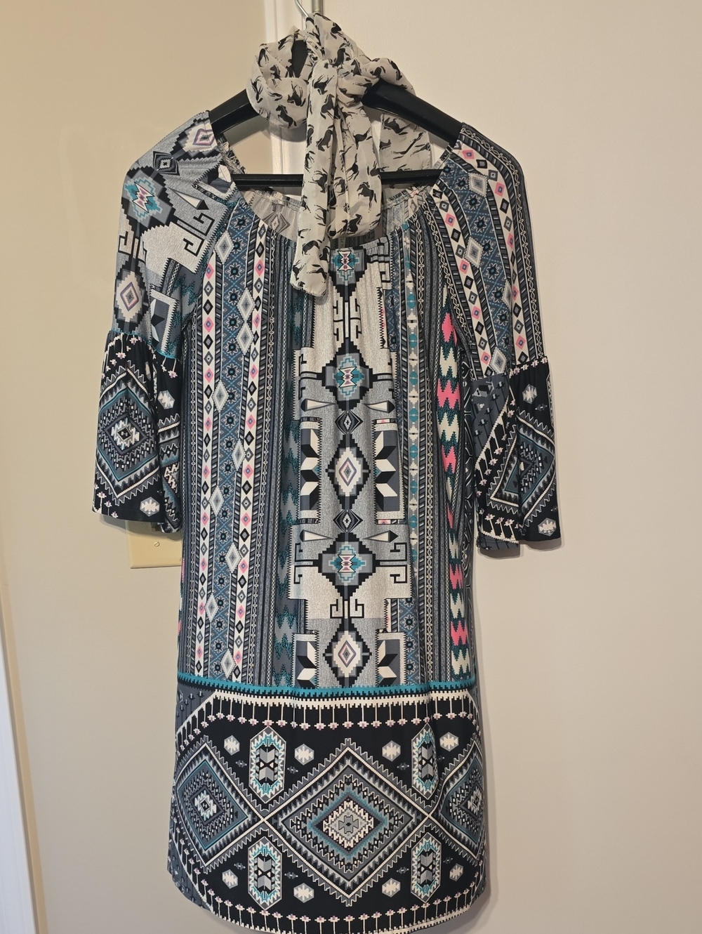 The Hanger Aztec Print Top in Gray, Teal & Black
